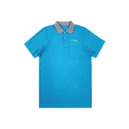 Designed blue short-sleeved Polo shirt, left chest patch pocket, gray contrast collar, dental clinic uniform, 21s fine cotton single pique fabric P1580 Designed blue short-sleeved Polo shirt, left chest patch pocket, gray contrast collar, dental clinic uniform, 21s fine cotton single pique fabric P1580